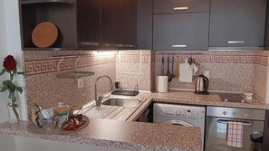 Fridge, oven, stovetop, coffee/tea maker