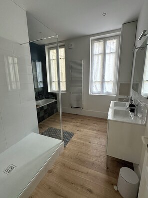 Hair dryer, towels, soap, shampoo