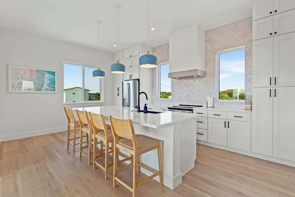 Fridge, microwave, oven, stovetop - Sandcastle on 2nd - New Construction, Heated Pool, GOLF CART, Steps to Beach! (St. Augustine)