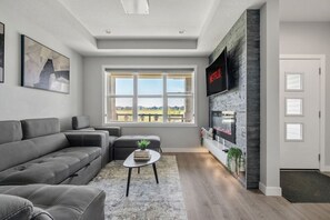 Smart TV, fireplace, books