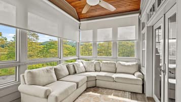 House, Multiple Beds, Balcony, Mountain View (Creekside Hideaway at The Farm) | Living area | 50-inch flat-screen TV with digital channels, fireplace