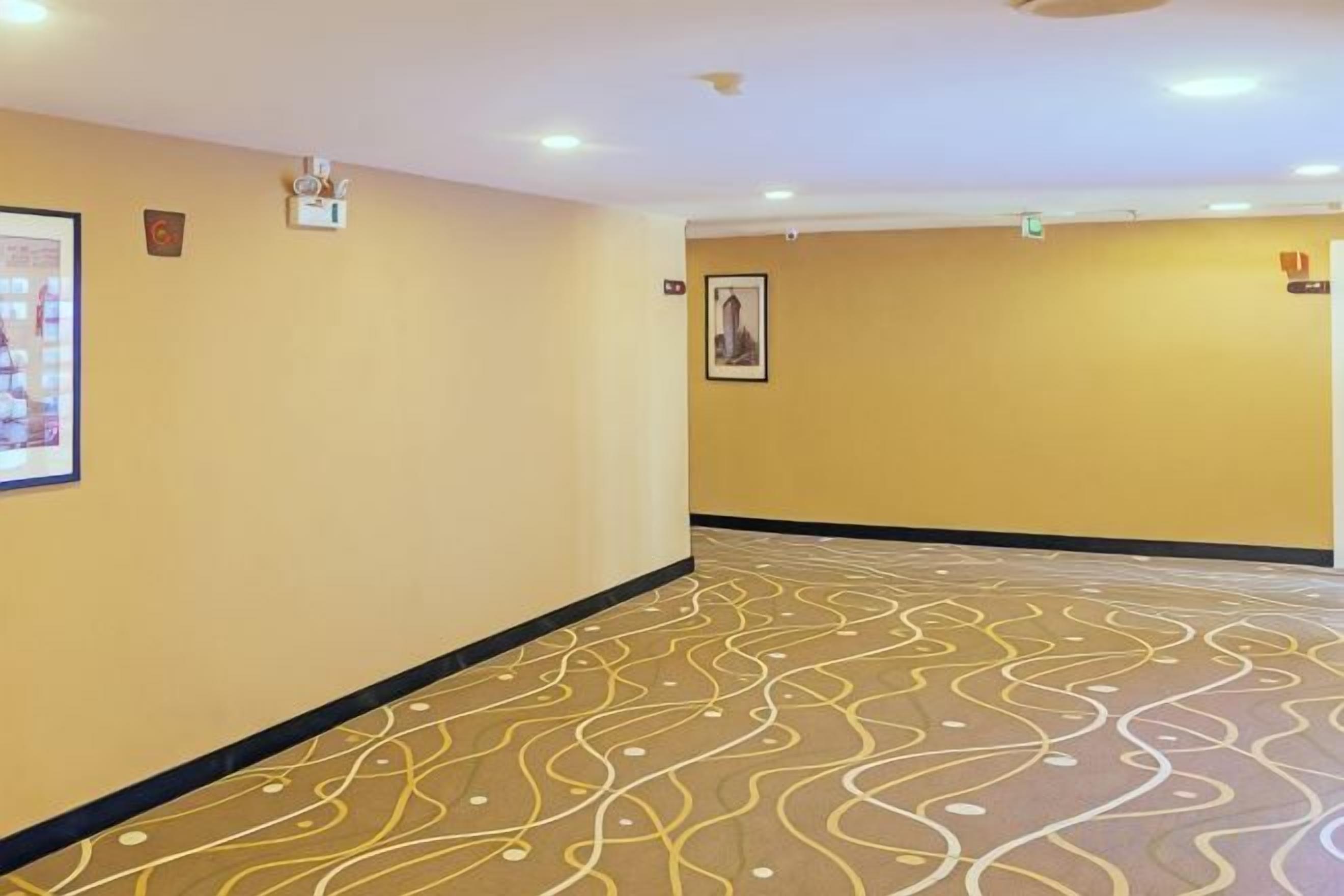 Pasillo de hotel con alfombra estampada, cuadros enmarcados en las paredes e iluminación empotrada en el techo.