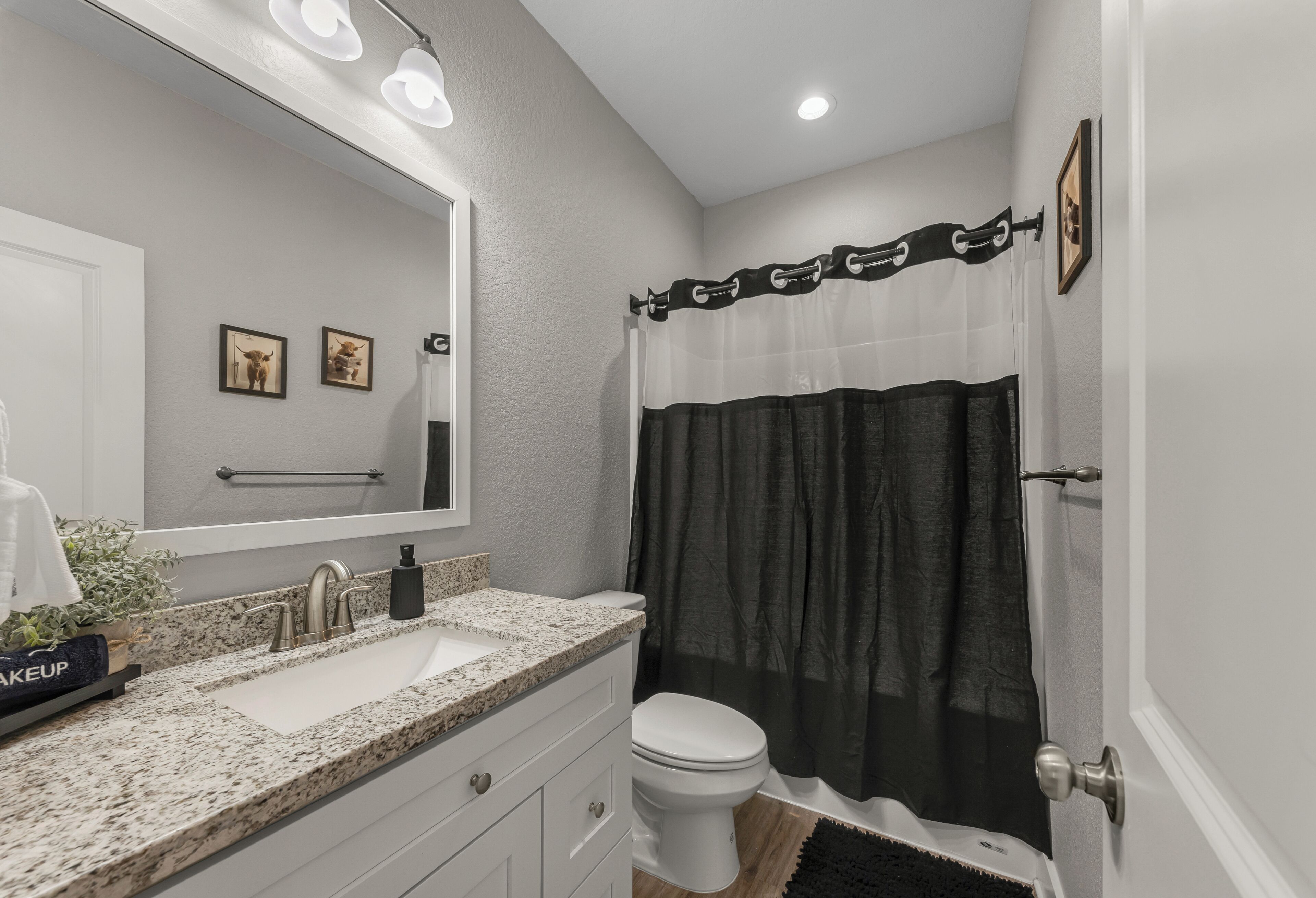 Une salle de bain avec un lavabo surmonté d’un plan de travail en granit, des toilettes blanches et un rideau de douche.