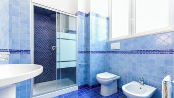 Shower, hair dryer, bidet, towels