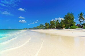 A beach with clear turquoise water, palm trees, and a thatched-roof hut. - Villa Lala (Kiwengwa)