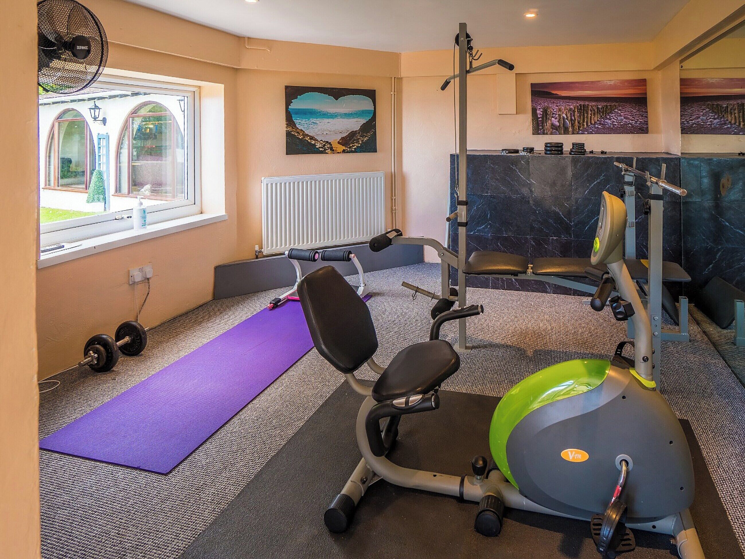 Ein Heim-Fitnessraum mit Trainingsgeräten, einer Yogamatte und einem Fenster mit Blick ins Freie.