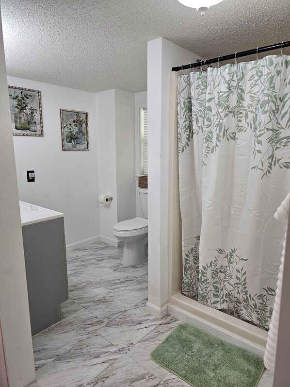 A bathroom with a toilet, sink, and shower curtain. - Private Waterfront Suite (Lilly)