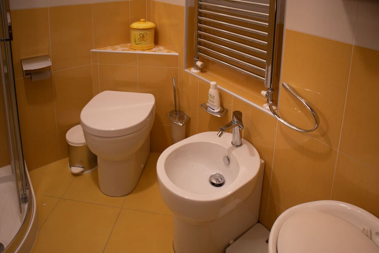 Een badkamer met toilet, bidet, wastafel en een handdoekrek.