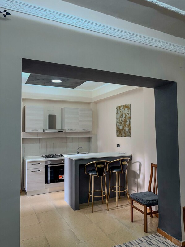 Kühlschrank, Ofen, Herdplatte, Wasserkocher mit Kaffee-/Teezubehör