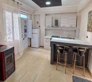 Kühlschrank, Ofen, Herdplatte, Wasserkocher mit Kaffee-/Teezubehör