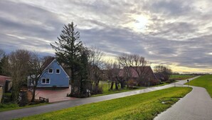 Une route de campagne, avec des maisons d’un côté et un champ verdoyant de l’autre.