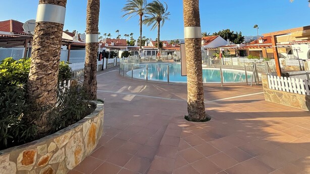 A pool area with palm trees, stone walls, and tiled flooring.