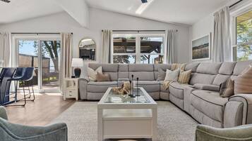 Smart TV, fireplace, books