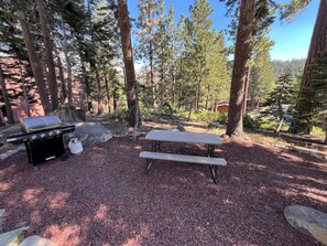 Zona de picnic con una parrilla y bancos en un entorno boscoso.
