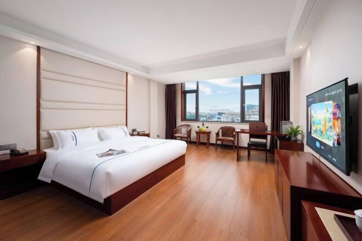 A hotel room with a large bed, a desk, a chair, a TV, and a view of the city.