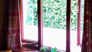A room with a window, curtains, and a small table with potted plants.