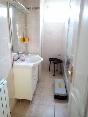 Regadera, secadora de cabello, toallas, papel de baño 