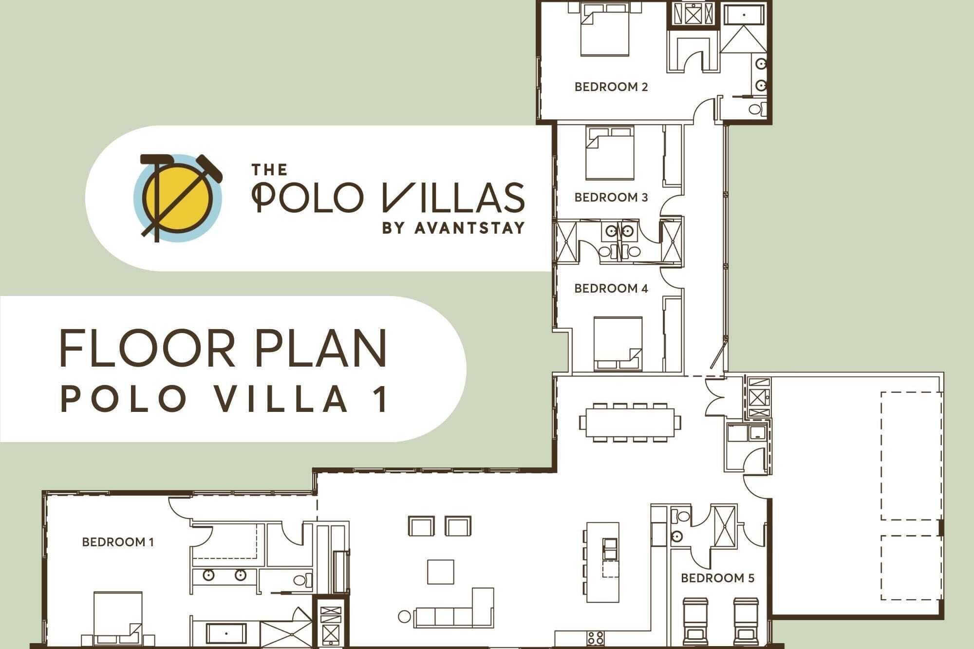 A floor plan of Polo Villa 1, featuring five bedrooms, a kitchen, and a living area.