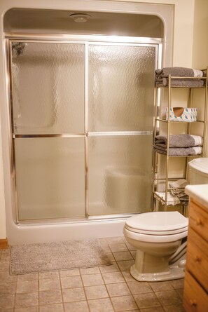 Shower, hair dryer, towels, soap