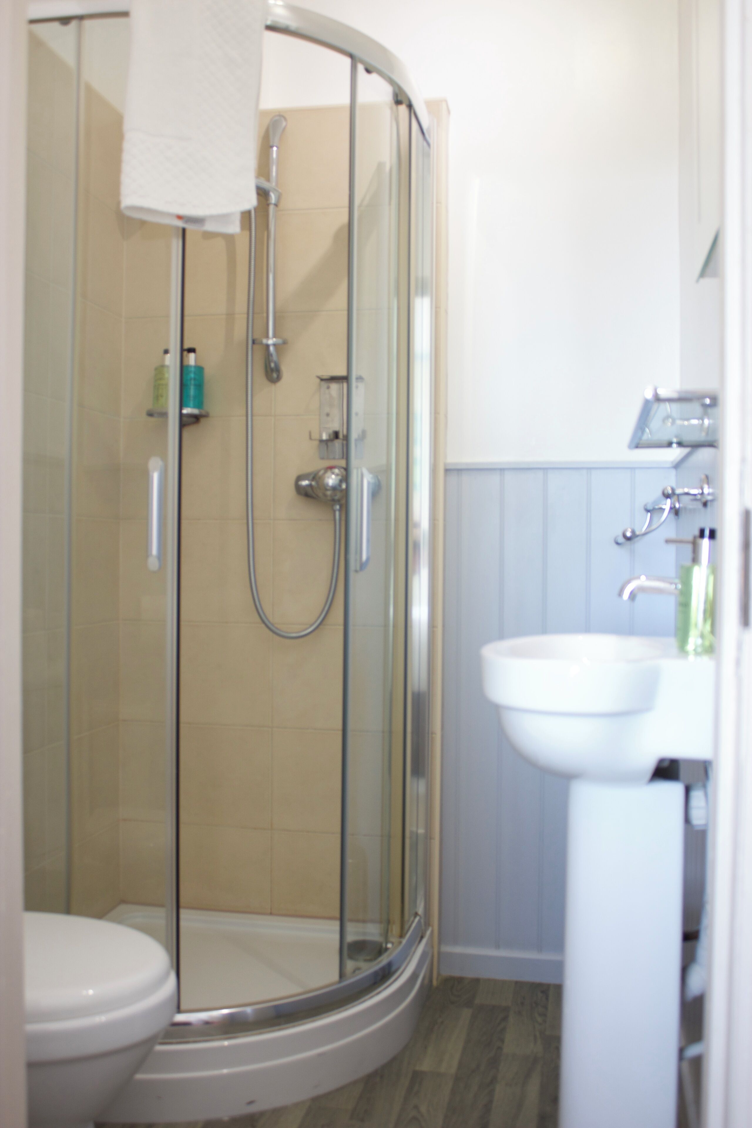 A bathroom with a glass-enclosed shower, a white sink, and a toilet.