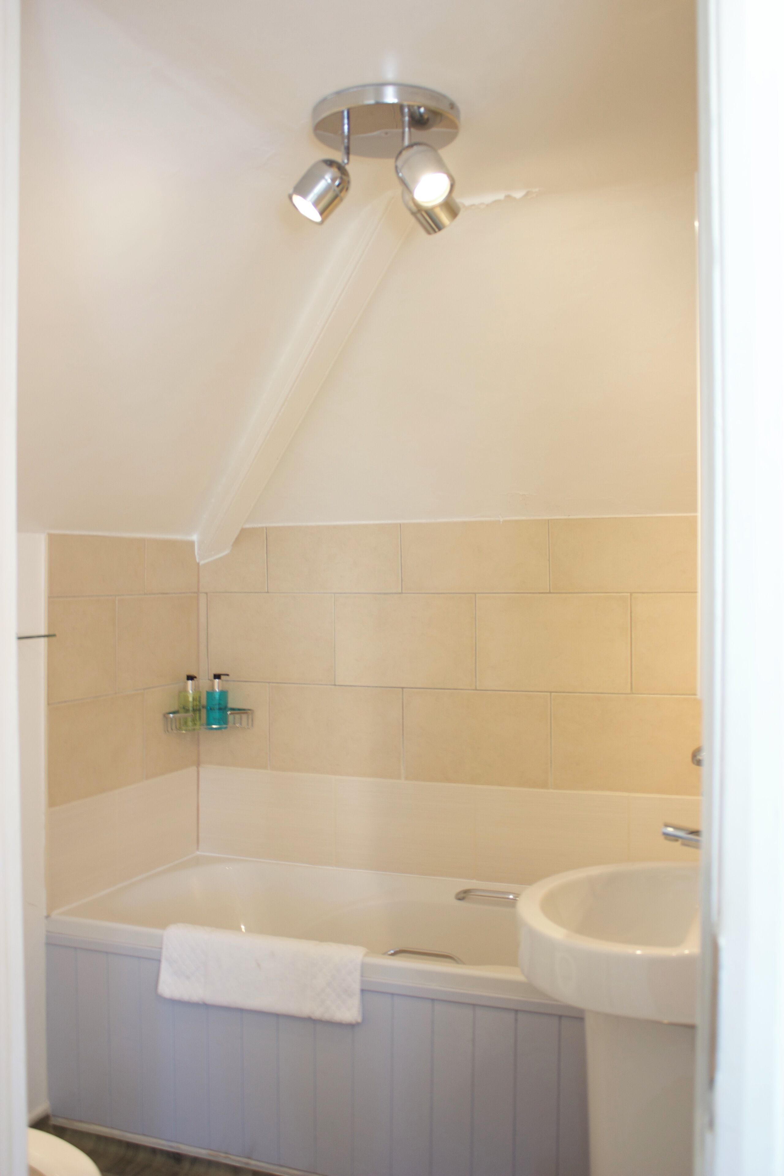 Een badkamer met een bad, een wastafel en een plafondlamp.