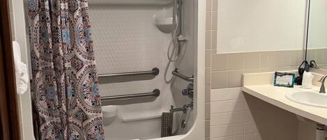 A bathroom with a walk-in bathtub, a shower, a sink, and a mirror.
