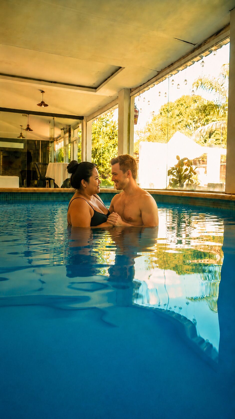 A swimming pool with clear water, a ceiling fan, and a view of greenery outside.