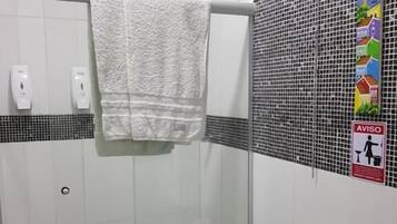 Shower, free toiletries, hair dryer, towels