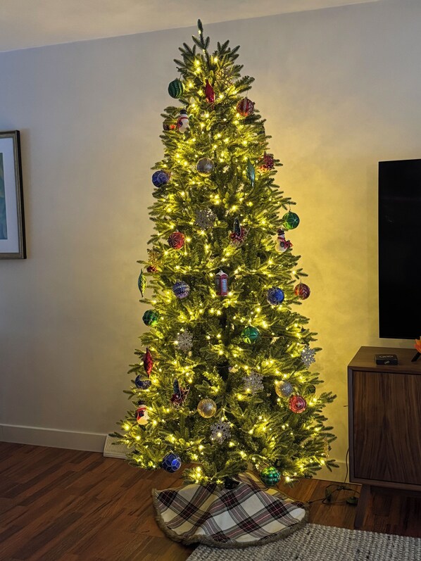 A Christmas tree with lights and ornaments, a framed picture on the wall, and a television on a wooden stand.
