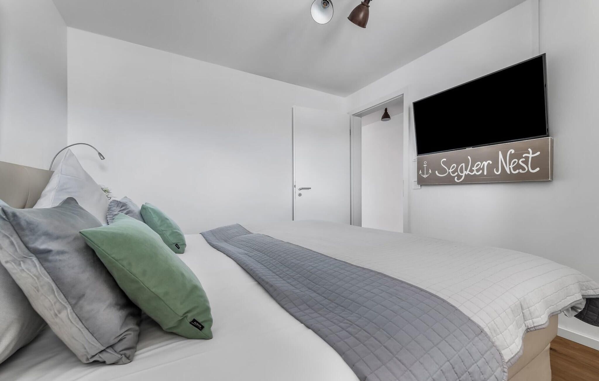 Une chambre moderne avec un lit, des oreillers, une table de chevet, un téléviseur fixé au mur et une porte.