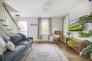 Smart TV, fireplace, books