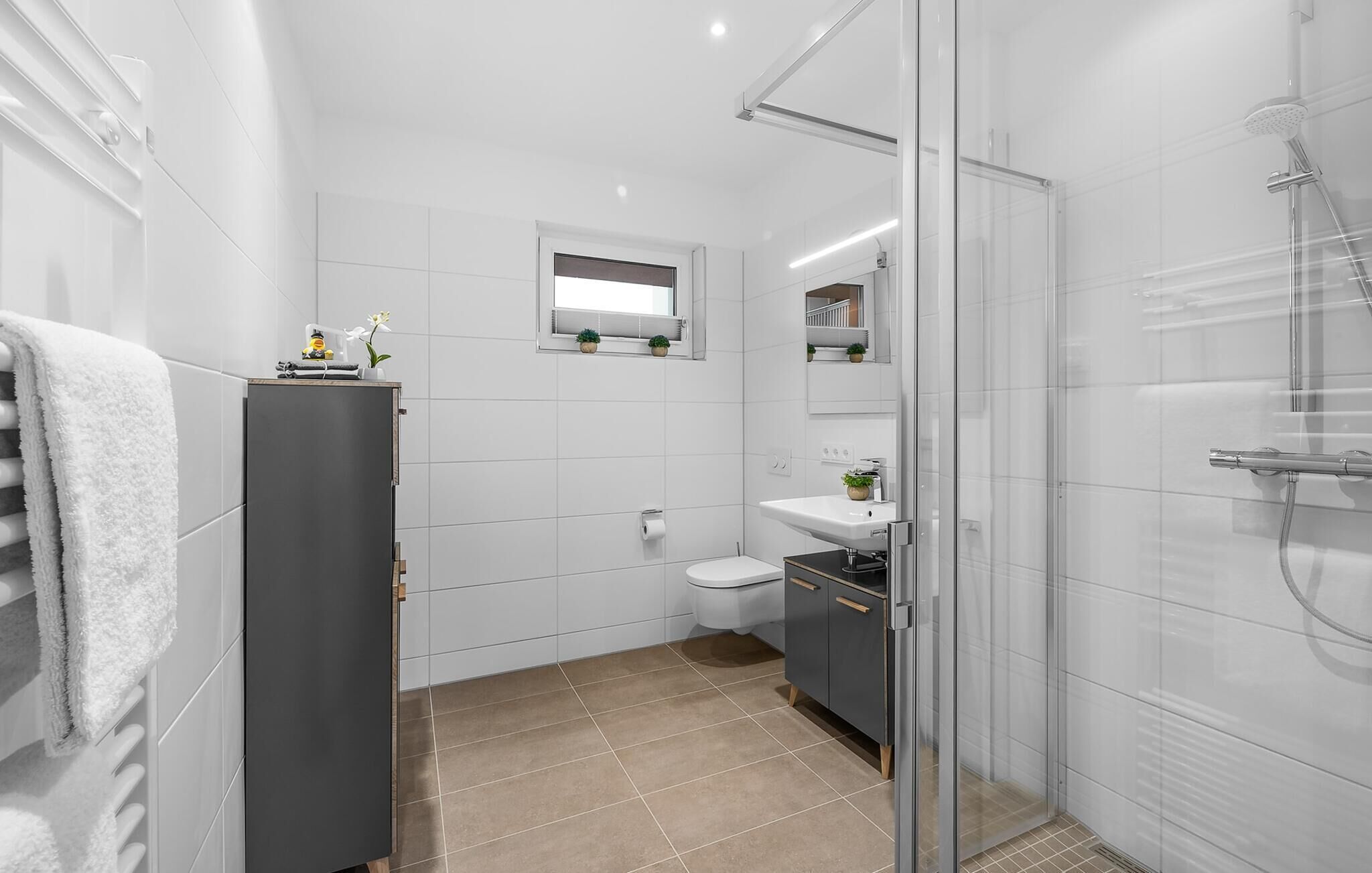 A modern bathroom with a glass shower enclosure, a toilet, a sink, and a cabinet.