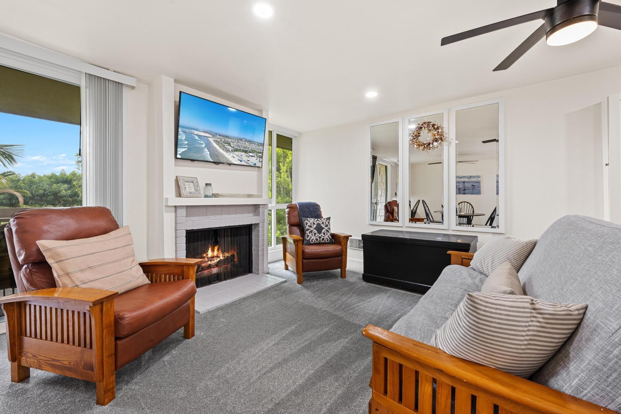 Smart TV, fireplace, foosball, table tennis