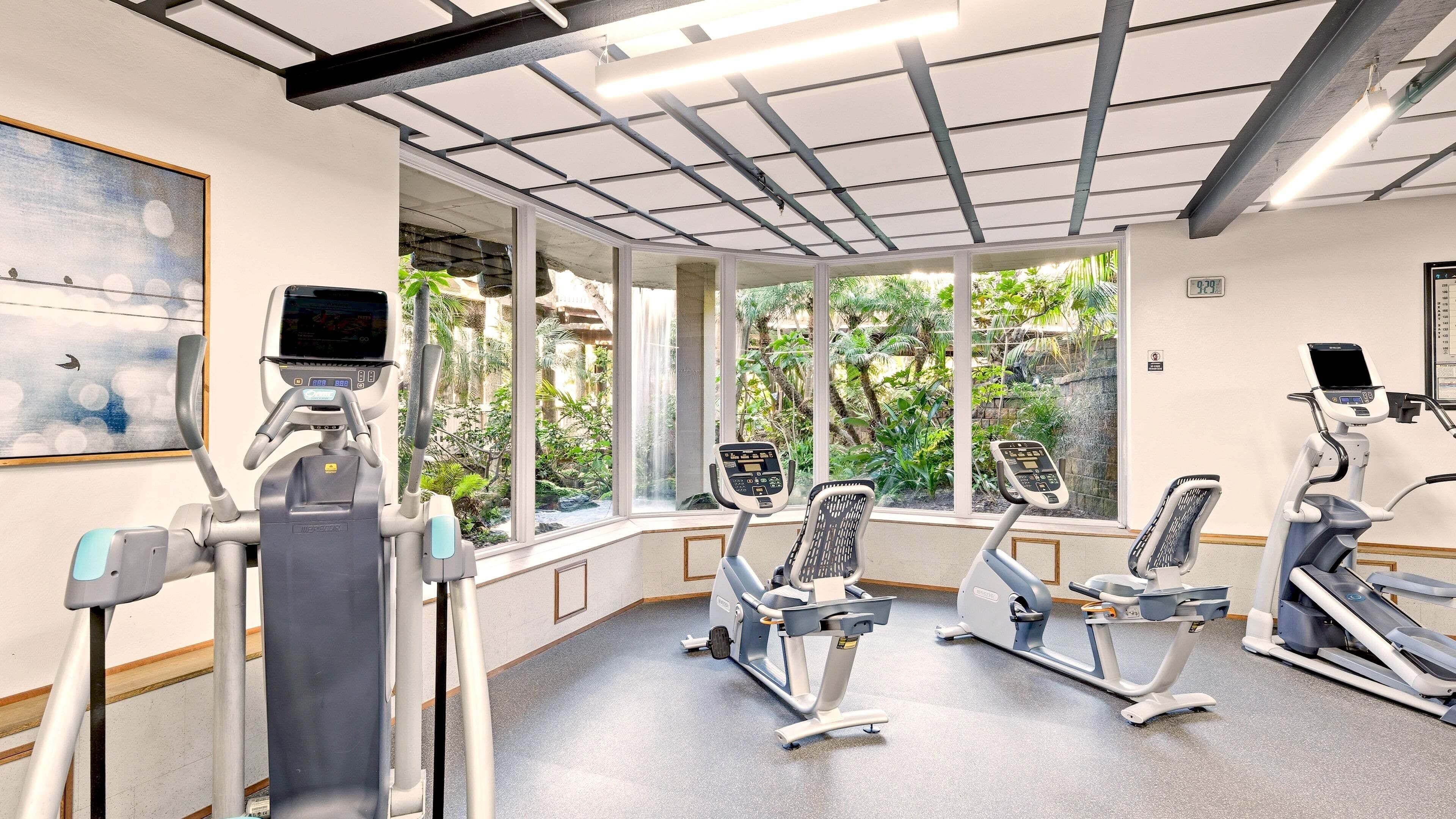 A gym with exercise equipment, large windows, and a view of greenery.