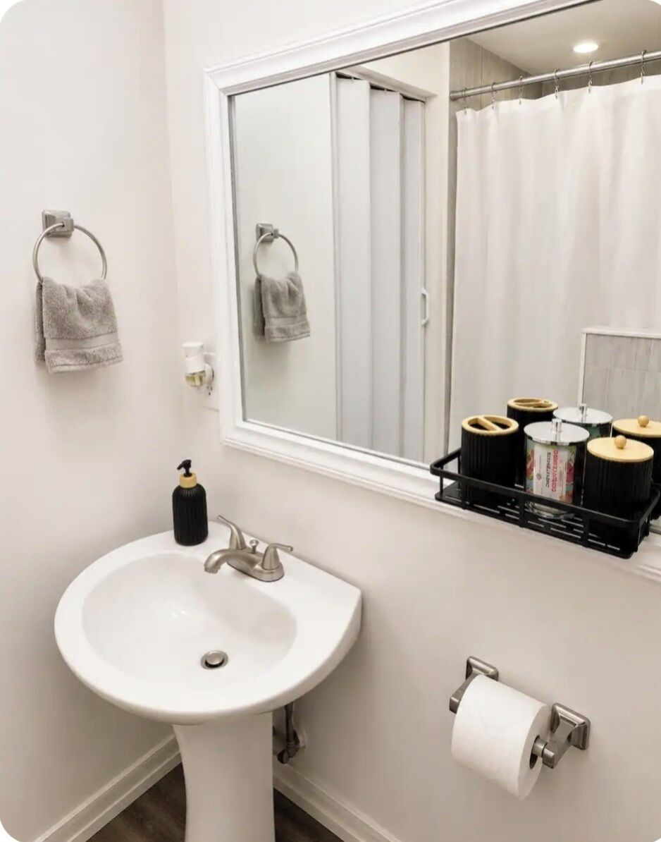 Hair dryer, towels, soap, toilet paper