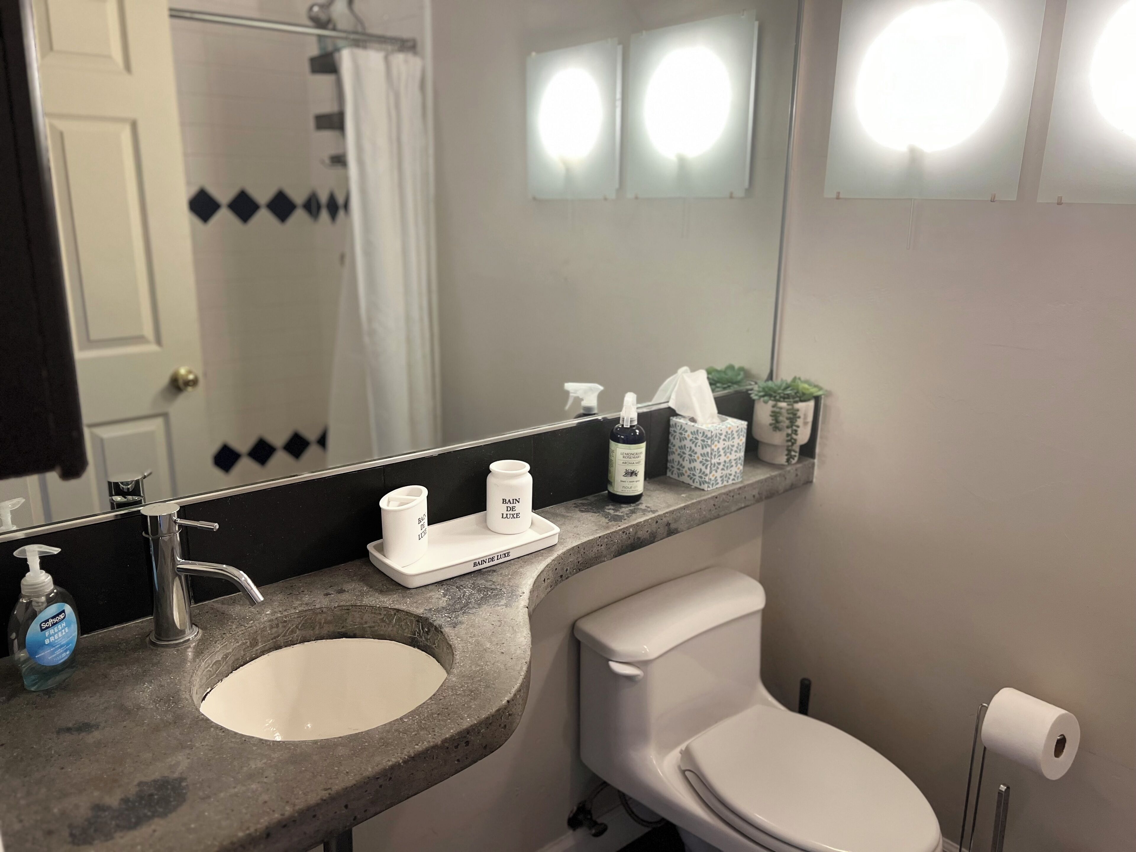 A bathroom with a granite sink, a toilet, and a mirror. There are toiletries on the sink, a plant on the counter, and a shower curtain in the background.