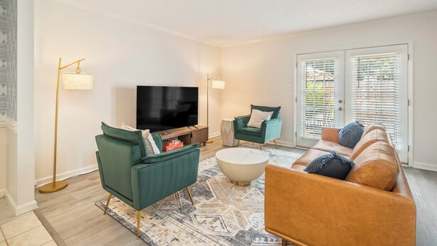 A modern living room with a flat-screen TV, green and brown sofas, a floor lamp, and a patterned rug.