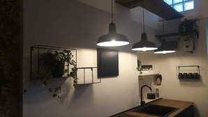 A modern kitchen with pendant lighting, a sink, and a potted plant. - Apartment 'Appartamento Luxury - Torre' with Air Conditioning (Terracina)