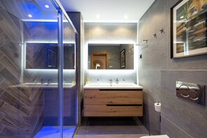 Shower, hair dryer, towels