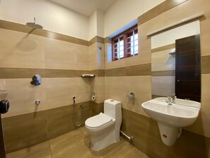 Shower, slippers, towels, soap