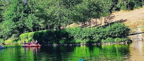 A green boat on the shore of a calm river surrounded by lush greenery.