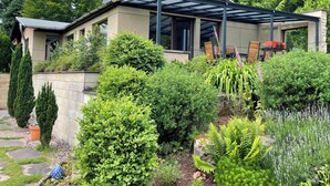 A modern house with a covered patio, surrounded by lush greenery and a variety of plants.