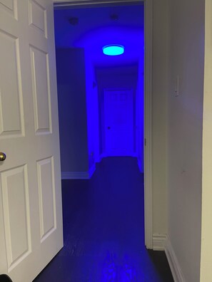 Stylish hallway with a door on the left and another at the end, offering easy access to adjacent rooms.