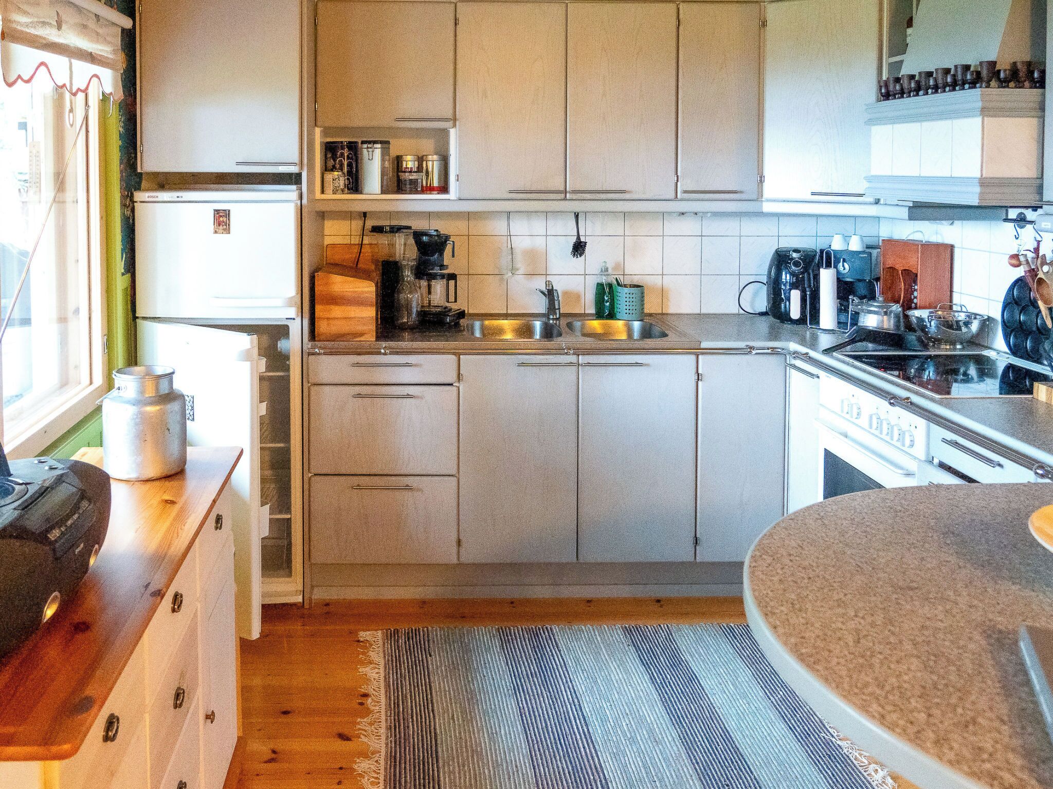 Fridge, microwave, cookware/dishes/utensils