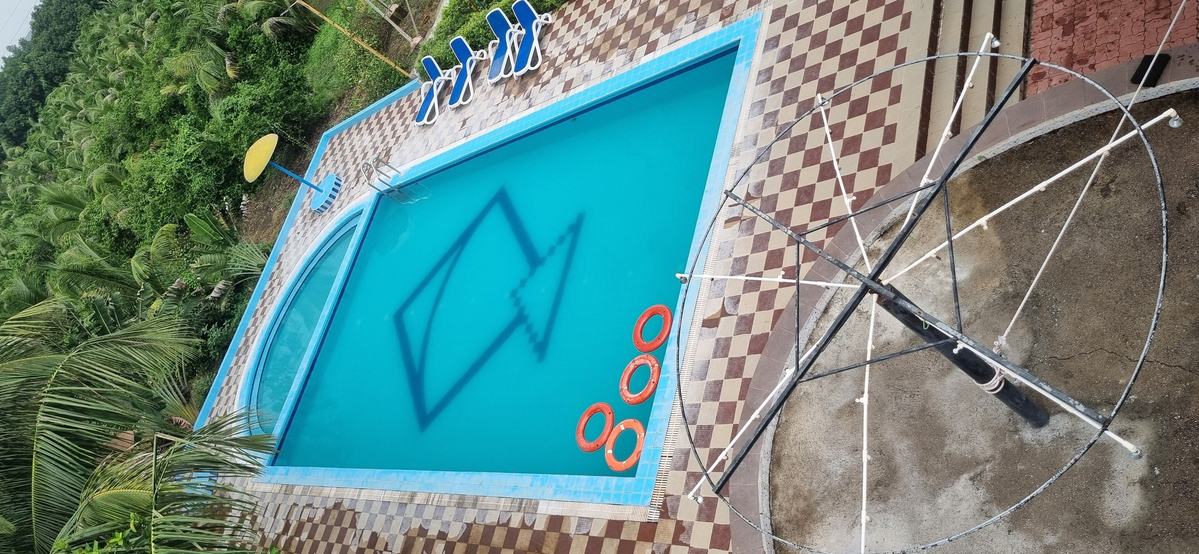 Une piscine bordée de carreaux aux motifs géométriques, entourée de palmiers et adossée à un mur également orné de motifs géométriques.