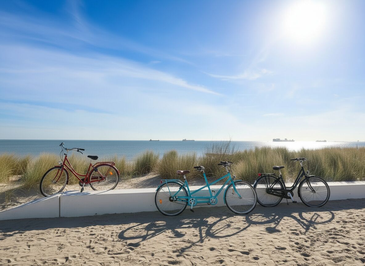 Tres bicicletas estacionadas en una playa arenosa, con un cielo despejado y un mar tranquilo al fondo.