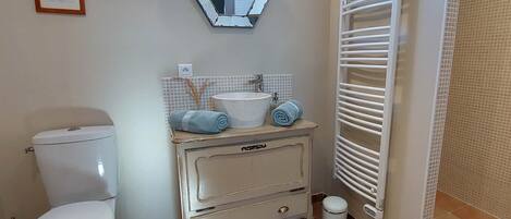 Une salle de bain comprenant des toilettes, un lavabo avec un miroir, un porte-serviettes et un radiateur.