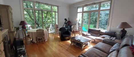 Télévision, cheminée, livres