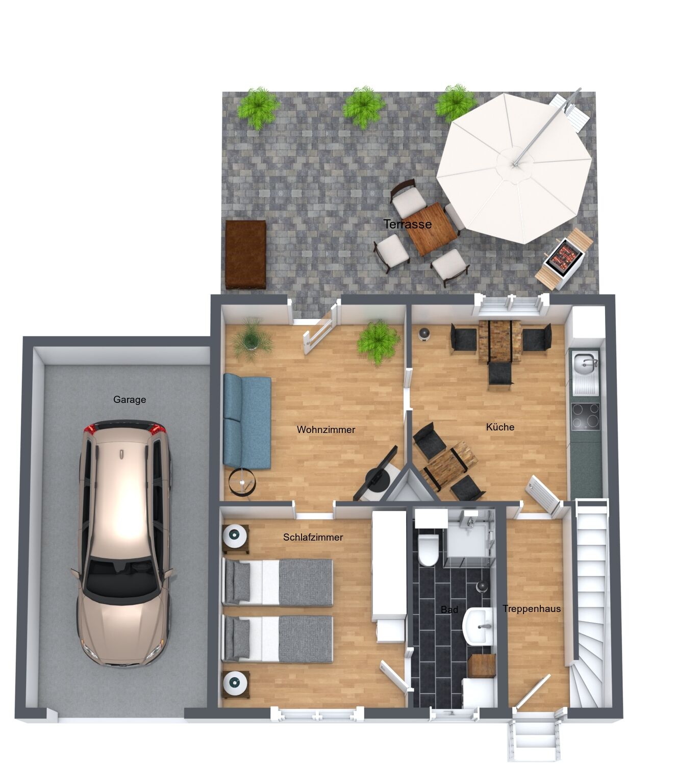 Une maison à deux étages avec un garage, un salon, une cuisine, un coin repas, une chambre, une salle de bain et une terrasse.