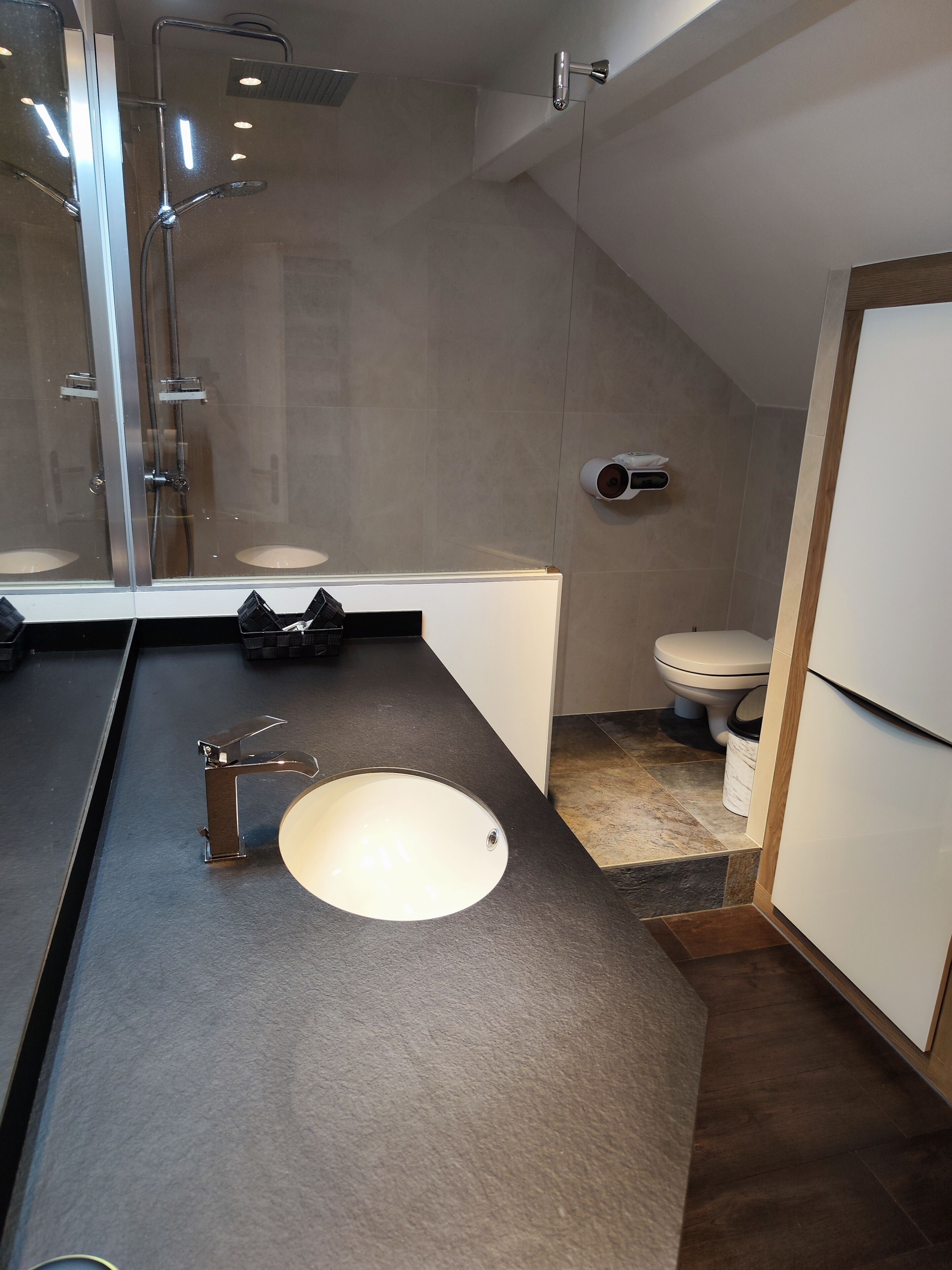 Une salle de bain moderne avec un grand miroir, un lavabo, une douche et des toilettes.